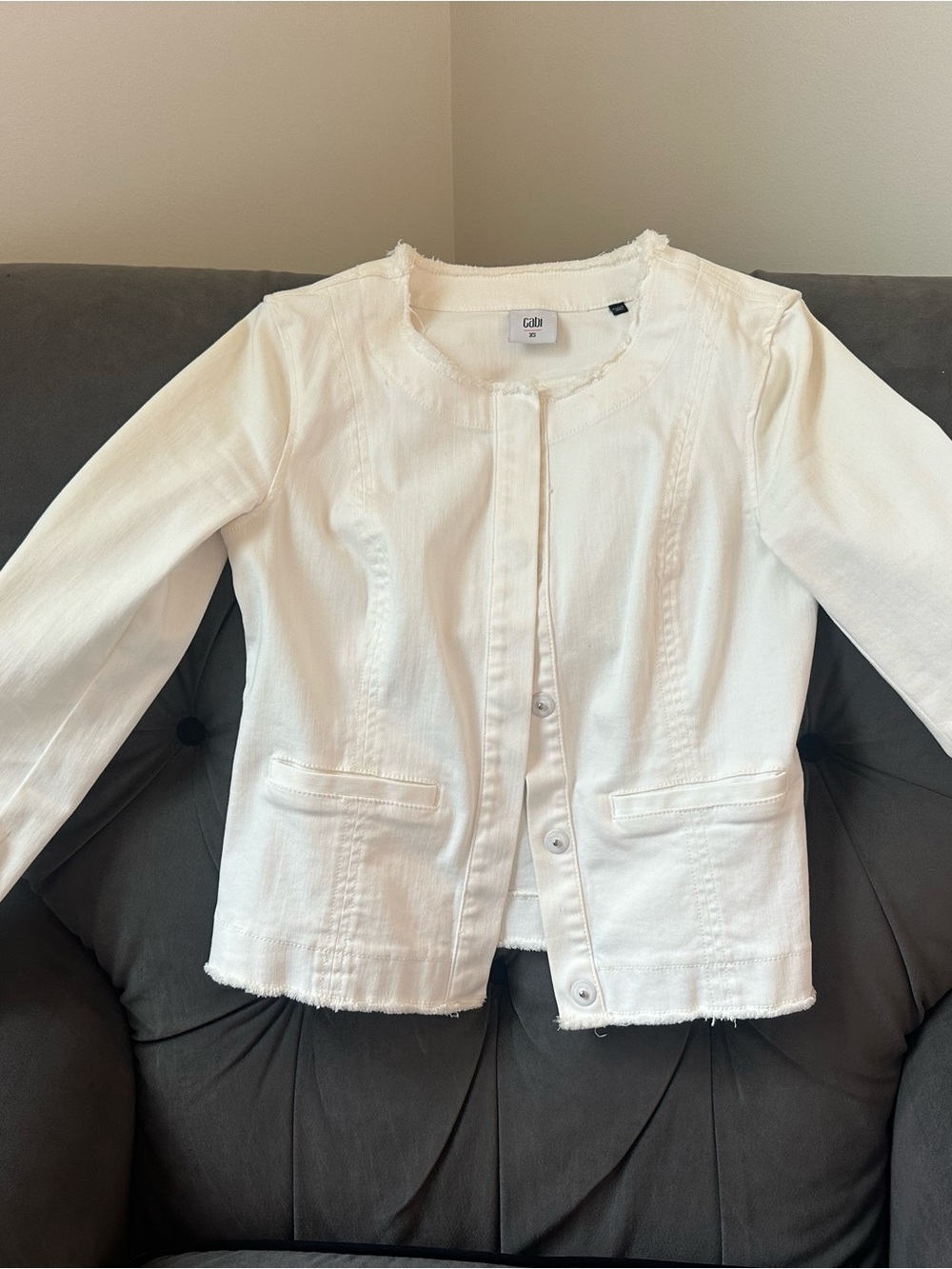 CAbi White Frayed-Trim Cotton Jean Jacket
